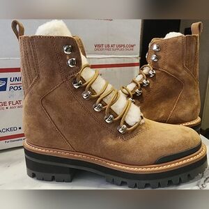 Marc Fisher Brown Suede Lace-Up Boots with Sherpa Detail, Size 5